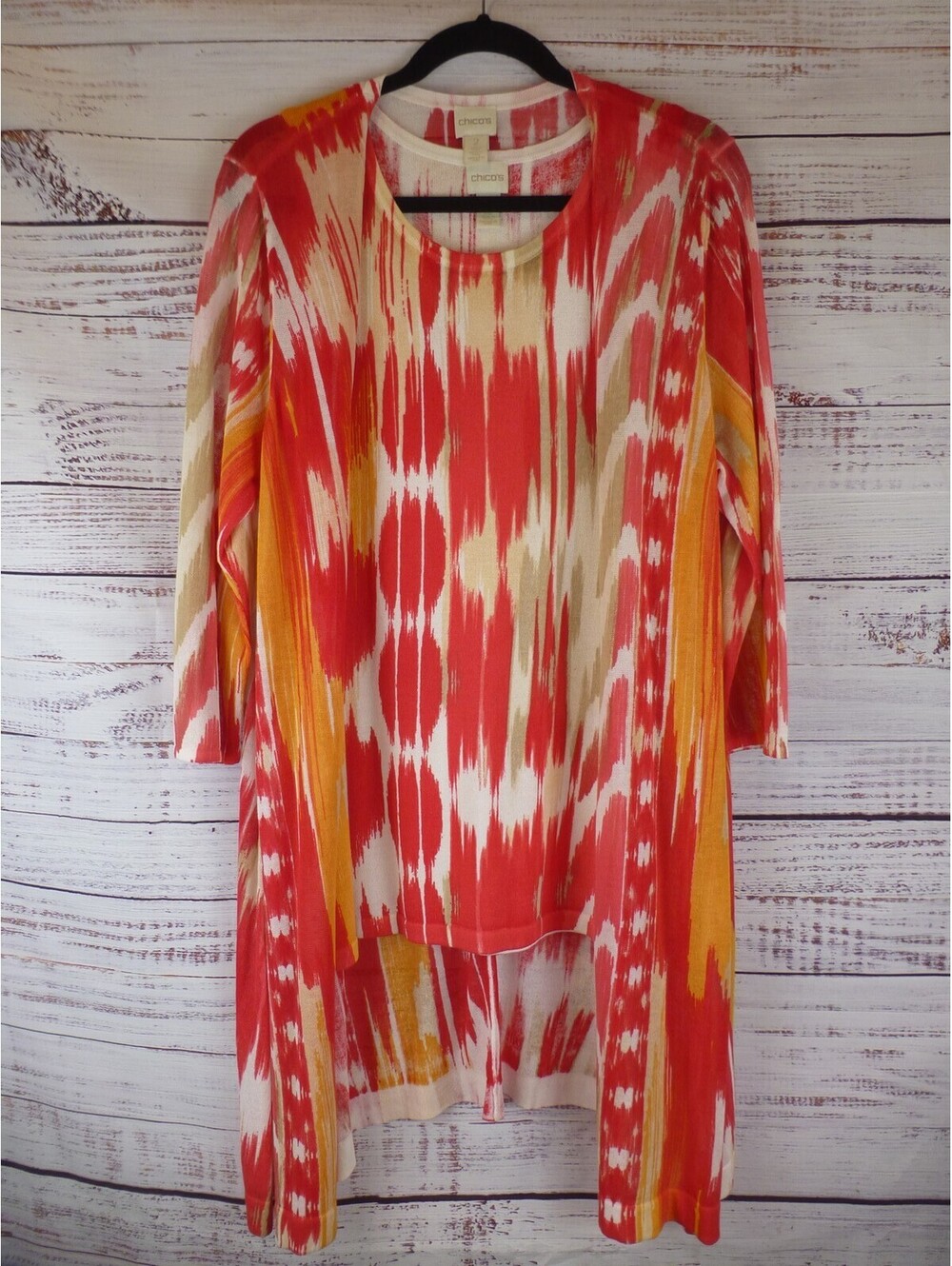 Chico's Size 2 (US L) Red Orange Ikat Print Lightweight High-Low Tunic Top J5A